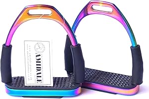 Amidale RAINBOW FLEXI SICUREZZA STIRRUPS CAVALLO BENDY IRONS ACCIAIO BNWT 4.00 POLLICI E 4.75 POLLICI
