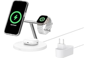 Belkin BoostCharge Caricatore 3 in 1 con Qi2, base di ricarica wireless compatibile con MagSafe, caricatore iPhone 17, Air, Pixelsnap, Apple Watch e AirPods, alimentatore incluso - Bianco