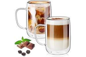 TKNO 2 Pack 350ml Double Walled Glass Coffee Mugs – Insulated Thermal Designer Tea Cups, Inward Curve Barista Style Glasses with Handles, Elegant Clear Borosilicate Mugs