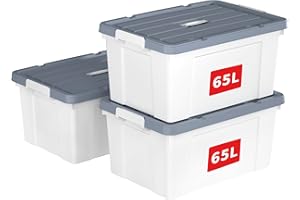 Cetomo 65L*3 Scatole di Stoccaggio in Plastica, Scatole Portaoggetti con Coperchio, Organizzatore con Manico, Contenitori per Casa e Ufficio, Impilabile, Resistente, Bianco, 65L - Confezione da 3