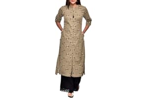 Ladyline Kurti Kurta Damen-Tunika-Oberteil aus Baumwolle, ethnisch, bedruckt, vorne mit Schlitz, aufrollbare Ärmel, Knopfleiste, Halstasche, lang