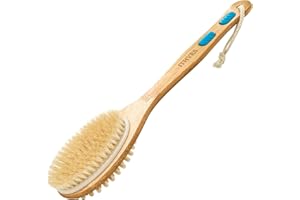 Ithyes Cepillo de baño de mango largo para ducha, arandela de espalda, cerdas naturales, cepillo de masaje, cepillo seco, limpiador de espalda de ducha, cepillo de drenaje linfático, exfoliante para