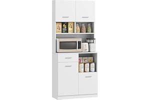 HOMCOM Credenza Cucina Alta con Cassetto, 4 Armadietti e 3 Scomparti Aperti, Mobile Dispensa con Ripiano Regolabile in Legno, per Soggiorno e Cucina, 80x35x180 cm, Bianco