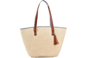 TIAASTAP Strohtaschen Damen, Sommer Strandtasche Stroh Groß Geflochten Korbtasche Stroh Handtasche Basttasche mit Reißverschluss und Leder Schultergurt für Strand Reise Einkauf