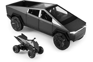 TOPRON Tesla Cybertruck Modelo de Coche 1:24 Camiones de Juguete de Metal Fundido a Presión con luz y Sonido, Mini Vehículo de Juguete para Niños a Partir de 3 Años (Gris, Equipado con Moto de Playa)