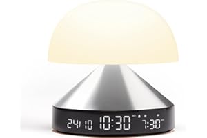 Lexon MINA Sunrise Reveil matin lumineux, simulateur d'aube et crépuscule, 5 sons naturels, lampe de chevet LED veilleuse et luminothérapie - couleur Aluminium