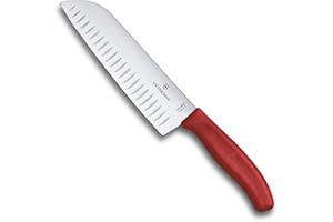 Victorinox Swiss Classic Cuchillo de cocina/Santoku, Con hoja de 17 cm y filo alveolado, Fabricado en acero inoxidable, Blister, Rojo