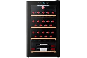 Hoover Beverage Cooler, Wine Fridge With 34 Bottles Capacity, External LED Touch Control, Wooden Racks, Double Glazed UV Protection Door, Single Temperature Zone, HWC-H34-B (Black)