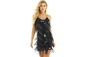 IEFIEL Robe de Soirée Cocktail Femme Robe de Danse Bal à Franges Paillettes Adulte Robe de Tango Latine Chacha Adulte Robe Samba Rumba Ballroom Performance