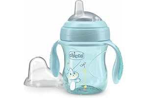 Chicco Transition Cup Coupe anti-goutte pour bébé 200ml, 1 tasse à biberon 4 mois et plus pour apprendre à boire, avec bec ergonomique en silicone, double valve anti-antiolique, sans BPA - Azur