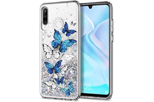 Anreixx Funda con purpurina para Huawei P30 Lite, bonita funda de silicona con patrón de mariposa con arena movediza brillante y cojín de TPU suave