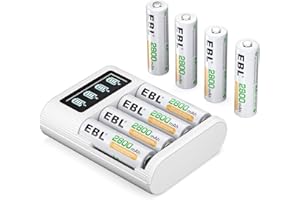 EBL LCD Cargador Pilas con 8 * 2800mAh Pilas Recargables AA Ni-MH, Pack de Pilas Alta Capacidad, Puerto Micro USB/Tipo & Carg