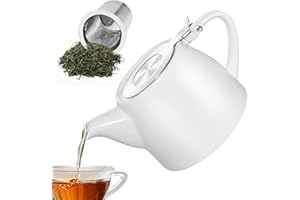 PORFOYO Théière avec infuseur à thé en céramique 500 ml avec infuseur amovible en acier inoxydable et céramique - Infuseur à mailles fines - Porcelaine pour profiter plus longtemps du thé (blanc)