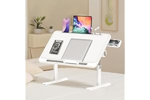 Ferghana Table de lit à Hauteur réglable,Tavolo pieghevole per Laptop,Bureau Portable Pliable - Table Pliante pour canapé,Sol,lit,extérieur (Tiroir + Petit Ventilateur + LED, Blanc Chaud)