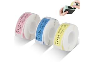MUSEMUSY Etichette Termiche Adesive 3 Rolls, 12x40mm Nastro Adesivo per Stampante, Impermeabile a Prova di Strappo Resistente ai Graffi, Rosa/Blu/Giallo Adesivo per la Casa, la Scuola (150 Etichette/Rotolo)