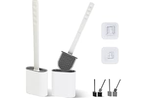 WE ART LEAVES Silicone Toilet Brushes & Holders – Pack of 2 Long Non-Slip Handle, Flexible Bristles for Easy Cleaning – Modern Drip-Free Base, Durable White Bathroom Toilet Brush Set With Holder