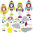 Baker Ross AX181 Space Rocket Jumping Toys - Pack of 8, Small Popping Toy Craft with Fun Spacemen Characters, Foam Sticker Art Toy