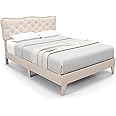 COSTWAY 4FT6/5FT Bed Frame, Double/King Size Upholstered Platform Bed Frame with Button Tufted Headboard, Wooden Slat Support Bedstead Base Mattress Foundation, No Box Spring Needed (4FT6 Double)