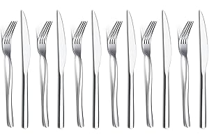 HOMQUEN Set Di Coltelli Da Bistecca 12 Pezzi,Set Di 6 Forchette E 6 Coltello Da Tavola In Acciaio Inossidabile Premium,coltelli da bistecca forchette da bistecca per 6 persone (Argento Lucido)