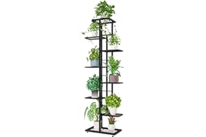 IBEQUEM 8 Tier Metal Tall Plant Stand, Multiple Flower Pot Holder Shelves, Planter Rack Storage Organizer Display for Indoor Outdoor Balcony Garden (Black)