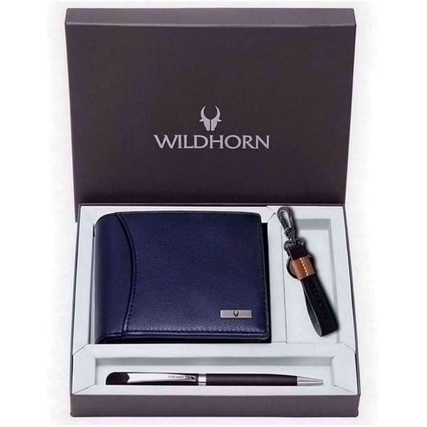 WildHorn Men's Genuine Leather Wallet & Pen Combo Gift Set - Blue Antique Finish, RFID Protected