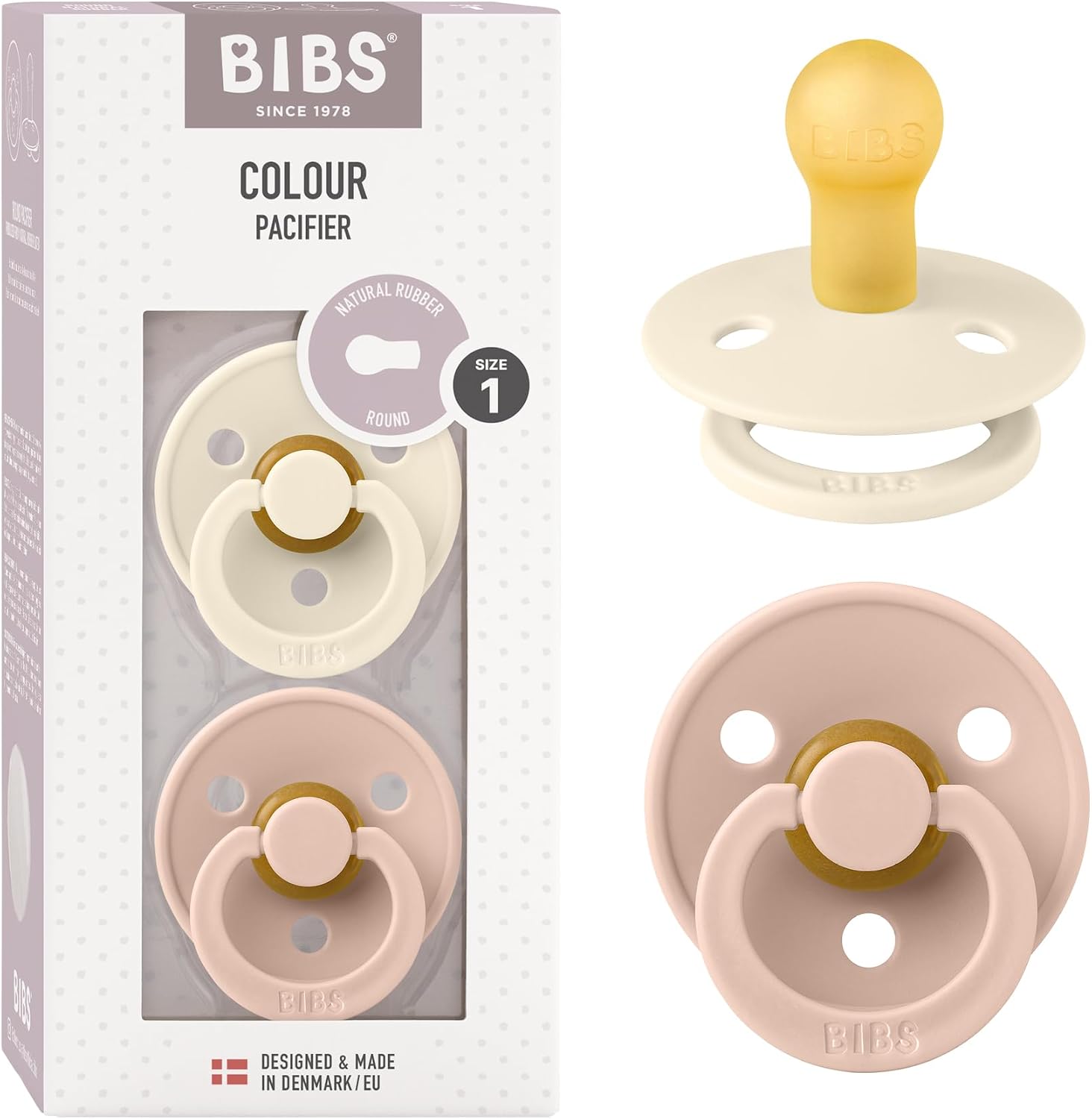 BIBS Colour Paquete de 2 chupetes. Libre de BPA, Tetina redonda. Látex natural, Talla 1 (0-6 meses), Ivory / Blush