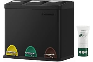 SONGMICS Köksbehållare, sorteringskorg 3 x 8 L, liten volym, lock, trippelbehållare av stål, för små familjer, pedaler och hi