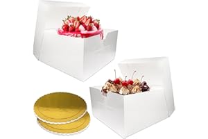 RAY CRAFT Pack of 2 White cake boxes with golden cake boards - 10inch sturdy cake box with removable lid - large cake boxes for transporting cakes, pies, Muffins, and Donuts safely from dust and moisture