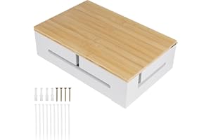 DBREAKS Caja de gestión de cables de madera, caja organizadora de cables con tapa magnética de bambú y bridas, caja de cables para montaje en la pared
