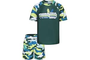 AISYEE Boys Rash Vest Kids Two Piece Swimming Costume with Board Shorts Short Sleeve Boys Swimsuit Set Age 5-16 Years