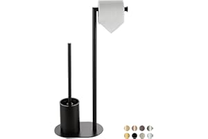 BVL Piantana Portarotolo e Scopino Nero, Scopino WC con Porta Carta Igienica in Acciaio Inox, Porta Carta Igienica da Terra Scopino Bagno WC