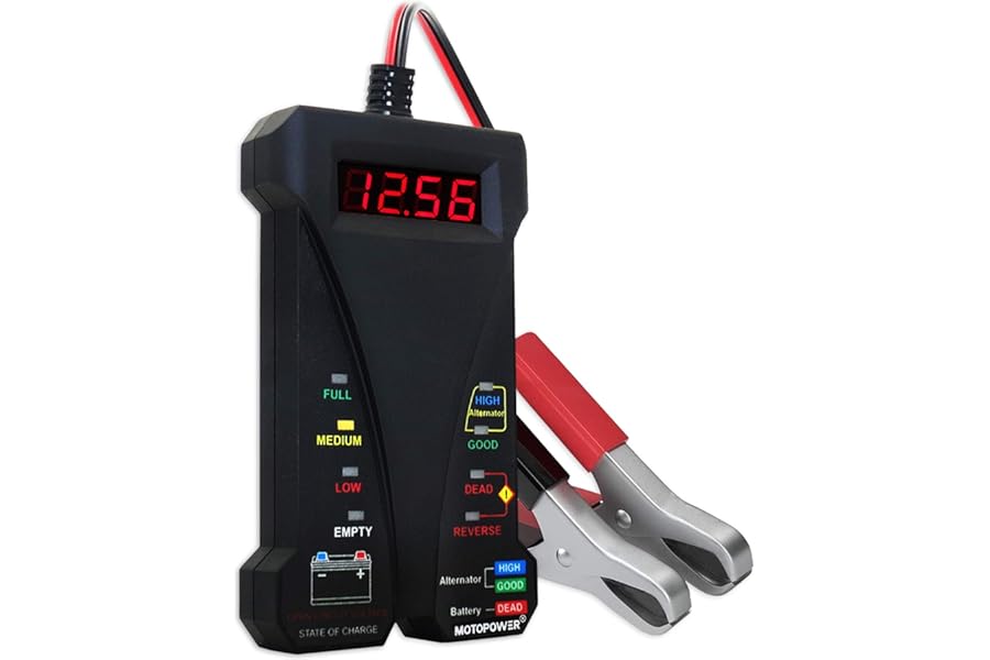 MOTOPOWER 12V Digital Battery Tester Voltmeter and Alternator Charging System Analyzer with LCD Display and LED Indication, Black Rubber Paint