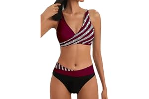 BIEDONGDA Maillots de Bain Femme 2 Pièces Taille Haute Vintage Bikini Set Push Up Col V Chic et Élégant Froncé Torsadé Ensemble Deux Pièces Tankini Beachwear Swimsuit Été Plage Vacances
