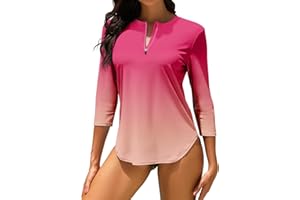 WOWENY UV Shirt Damen Schwimmshirt 3/4 Arm Rashguard mit 1/4 Zip UPF 50+ UV Schutz Schnelltrocknend Badeshirt für Wassersport Surf Strand