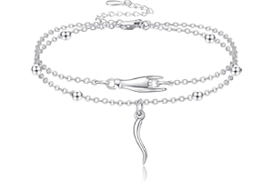 JERWLI Cavigliera italiana con corno e mano a strati in argento sterling 925 Cornicello e Mano Cornuto portafortuna protezione amuleto gioielli per donne ragazze, 23 + 5 cm, Argento sterling