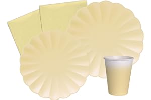 Ciao Kit Vajilla de Fiesta Flower Shape para 24 personas (112 pcs: 24 platos Ø23cm, 24 platos Ø18cm, 24 vasos 250ml, 40 servilletas 33x33cm) de papel compostable eco-friendly, amarillo pastel