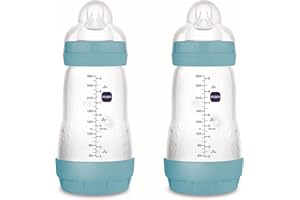 MAM Pack 2 Biberones Anticólicos, 2-4 Meses, 260ml, con con Tetina 2 Flujo Medio de Silicona de Fácil Aceptación, Autoesterilizable y Fácil de Limpiar, MAM Easy Start Anti-Colic, Azul Mate, 2uds