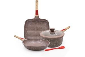 AIKENBBKK Set di Pentole e Padelle da in Ceramica 5 pezzi, Padella 24 cm con Coperchio, Casseruola 20 cm, Padella per Grigliare 24 cm, con Rivestimento in Ceramica Antiaderente e Manico Rimovibile