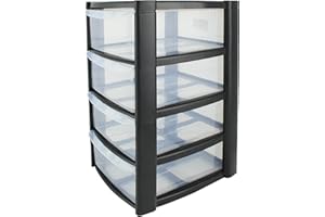 DANIEL JAMES HOUSEWARES Mini 4 Drawer Plastic Storage Tower - Compact Desktop Organiser with Clear Drawers for Makeup, Toiletries, Stationery - Lightweight & Durable Storage Tower - Pink, Blue or Black, 40x26x19cm (Black)