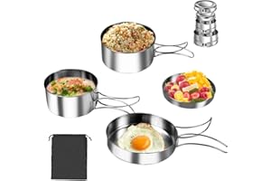 QINERSAW 4er Set Edelstahl Camping Kochgeschirr Outdoor Topf Camping Kochtopf Outdoor Topfset Camping Kochset Outdoor Geschirr Camping Kochtopf für Wandern Picknick Faltbar Camping Pfanne Stapelbar