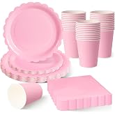 120 Pieces Pale Pink Disposable Birthday Tableware for 30 Guests | 18 and 23 cm corrugated cardboard plates, paper cups, napk