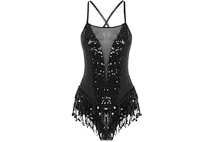 JEATHA Damen Pailletten Ballett Trikot Body mit Fransen Glitzer Gymnastikbody Tanzbody Latin Bodysuit Rückenfrei Leotard Dancewear Tanzkostüm