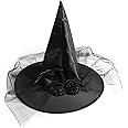 Halloween Women's Witch Hat-Halloween Witch Hat with Headpiece-Large Ruched Witch Cap with Lace-Adult Witch Vampire Halloween Costume Accessory (Black)