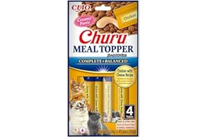 Churu Meal Toppers by INABA Cat Treat - Chicken with Cheese Recipe (4 x 14g) / Soft & Creamy, Delicious & Healthy Purée Food Topper, Natural, Grain Free, Wet Cat Food