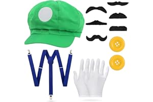 BIQIQI Mario Luigi Déguisements Accessoires avec Luigi Chapeau, Bretelles, Gants, Moustache, Boutons, Ensemble Costume Mario Luigi pour Homme Femme Halloween Carnaval Cosplay D'anniversaire Fête