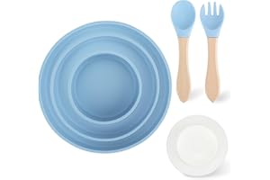 Mulaibdin 3 Stück Kinderteller Set, Baby Teller mit Saugnapf Abnehmbar, Silikon Teller Baby mit Esslernlöffel, Baby Schüssel Brei Klein, Baby Geschirrset für Entwöhnung, BPA-Frei (Blau)