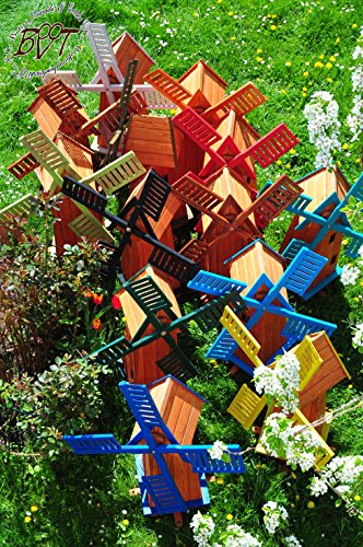 XXL Windmühlen, Garten-Windmühle 100 cm, HOLZ einstöckig Designer-KLASSIK MIT BALKON-Rand Fenster, ECK100-he-MS, voll funktionstüchtig,schöne Details, Fensterkreuz Deko-Windmühlen Outdoor, Windfahne / Windrad komplett mit Solar, Solarbeleuchtung DOPPEL-SOLAR LICHT 1 m groß hellbraun braun Flügel – Leisten brauner Korpus unten, für Innen- und Außenbereich, Balkon, Garten und Terrasse, wunderschöne Gartenzierde - 2