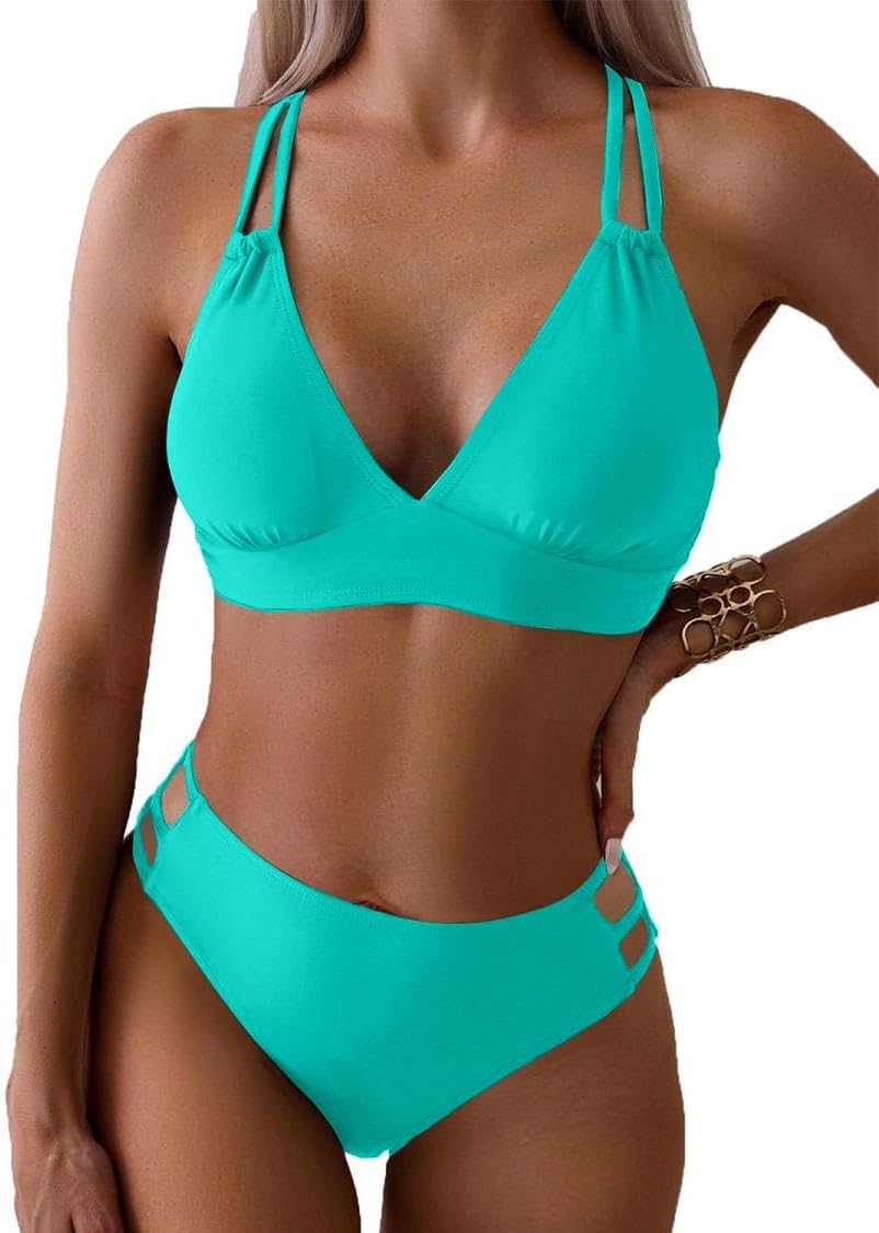 Joligiao Mujer Bikini Sexy Traje de Baño 2 Piezas Cuello en V Bikinis Brasileño con Triángulo Bañadores Bikini Top y Braga Cintura Alta Conjunto de Bikinis Playa