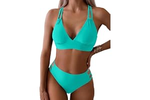 Joligiao Mujer Bikini Sexy Traje de Baño 2 Piezas Cuello en V Bikinis Brasileño con Triángulo Bañadores Bikini Top y Braga Cintura Alta Conjunto de Bikinis Playa