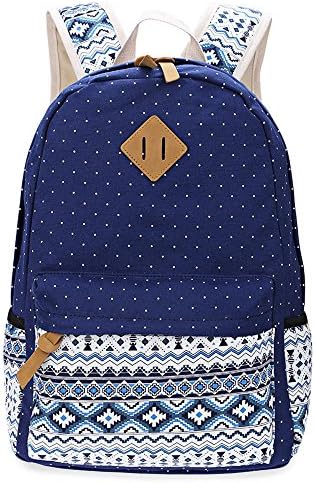 Girls Backpacks for School,WAWJ Ethnic Style Dot Canvas Laptop Travel Bag Schoolbag for Teens (Deep Blue)